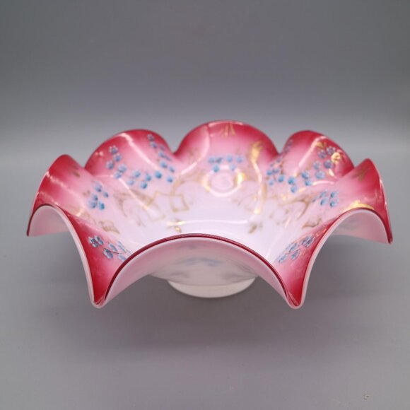 Antique Victorian Brides Basket Bowl Cranberry Pink White Cased Glass w/ Ruffles - Picture 1 of 8